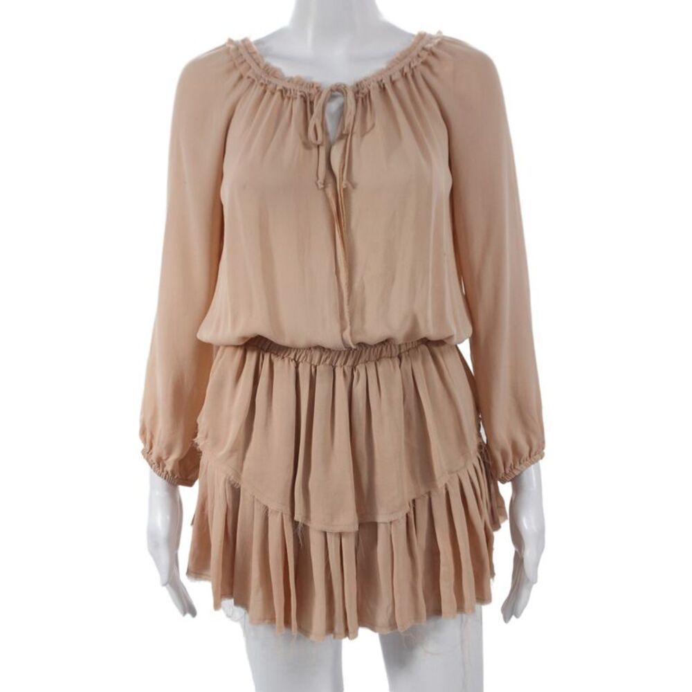 Love Shack Fancy Women Blouson Beige Silk Mini Dress Long Sleeve Size 0